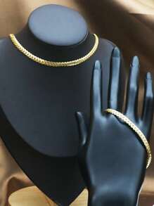 2pcs Stainless Steel 5mm Wide Gold Vintage Unique Chain Necklace Bracelet Set, Fashionable & Non-Fading For Women