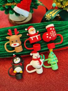 1 /2 /3 /6PCS Christmas Silicone Straw Cover, Suitable For 40oz/30oz/10mm Sippy Cup, Water Cup Decoration Accessories Reusable Straw Cover, Portable Protective Plug Decoration, For Christmas Gifts, Cup Accessories, Party Holiday Gifts To People