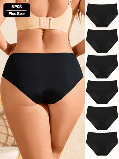 Calcinhas de biquíni plus size com 6 peças, respiráveis, invisíveis, macias e sem vinco, para mulheres, roupa íntima e lingerie feminina, preta