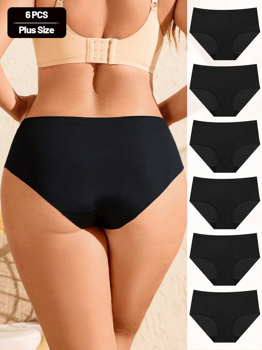 6 chiếc/gói Quần lót bikini cỡ lớn, thoáng khí, không đường may, đồ lót mềm mại, vô hình dành cho nữ, màu đen - màu đen - Xem 1