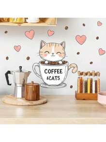 1 pieza Pegatina decorativa de pared con fondo de gato de taza de té de dibujos animados, adecuada para decoración de dormitorio, baño, habitación, hogar, cocina, restaurante, regalo de cumpleaños, graduación, vacaciones