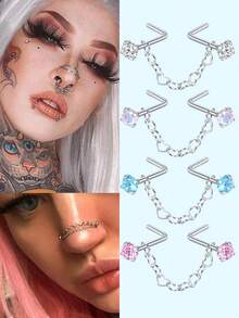 1pc Stainless Steel Nose Ring Chain With Embedded Round White/Blue/Colorful Synthetic Cubic Zirconia Nose Stud With Chain, Nose Piercing Jewelry - Star - View 1