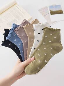 4 paires de chaussettes montantes femme à motif cœur volantés noir et blanc, respirantes et confortables, convenant à toutes les saisons, assortiment de couleurs aléatoires - Multicolore - Voir 5
