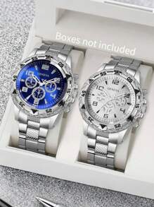 High-End Large Dial 3-Eye Steel Strap Men's Watch With Blue Sapphire Glass, Round Dial