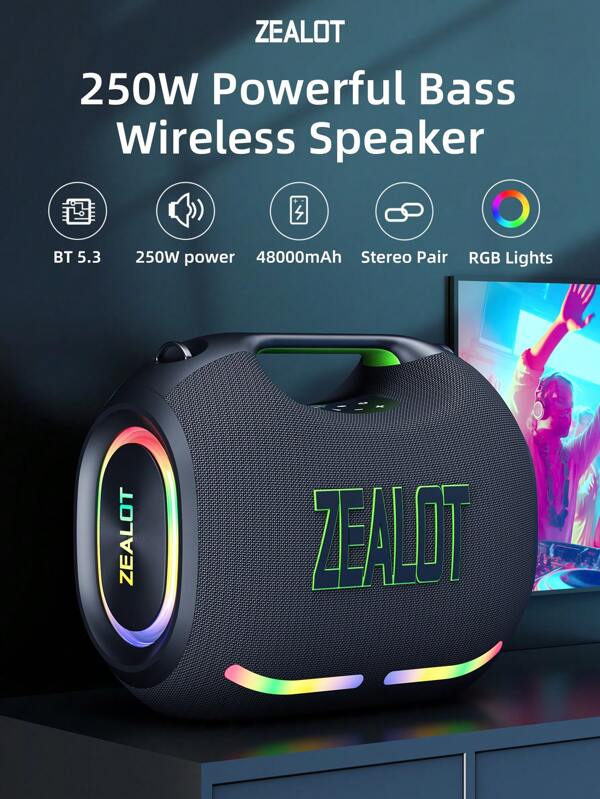 ZEALOT ZEALOT ZE21 250W High-Power Wireless Speaker, Outdoor Portable Subwoofer With Five Speakers, Built-In 48000mAh Battery, With RGB Color Lights, Compatible With SD Card/USB/AUX/Supports Two Serial Speakers, Hands-Free Calling, Supports Mobile Phones/Tablets/TVs/Computers, Suitable For Outdoor Large-Scale Dance/Family Gatherings/Beach Parties