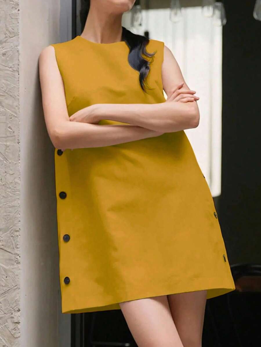Women's Summer Side Button Design Round Neck Sleeveless Short Dress