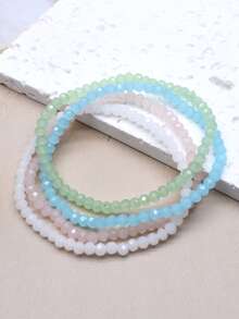 4pcs/Set Engraved Glass Bead Elastic Bracelets, AB Effect Glass Beads, Multi-Color Green & Blue Handmade Beaded Bracelets - Glass Bracelet - View 21