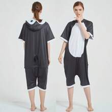 Pijamas de animales para niños y niñas, ropa de casa para niños y niñas, pijamas de verano de una pieza de manga corta con elementos de animales para niños. - Blanco y negro (pingüino) - Ver 1