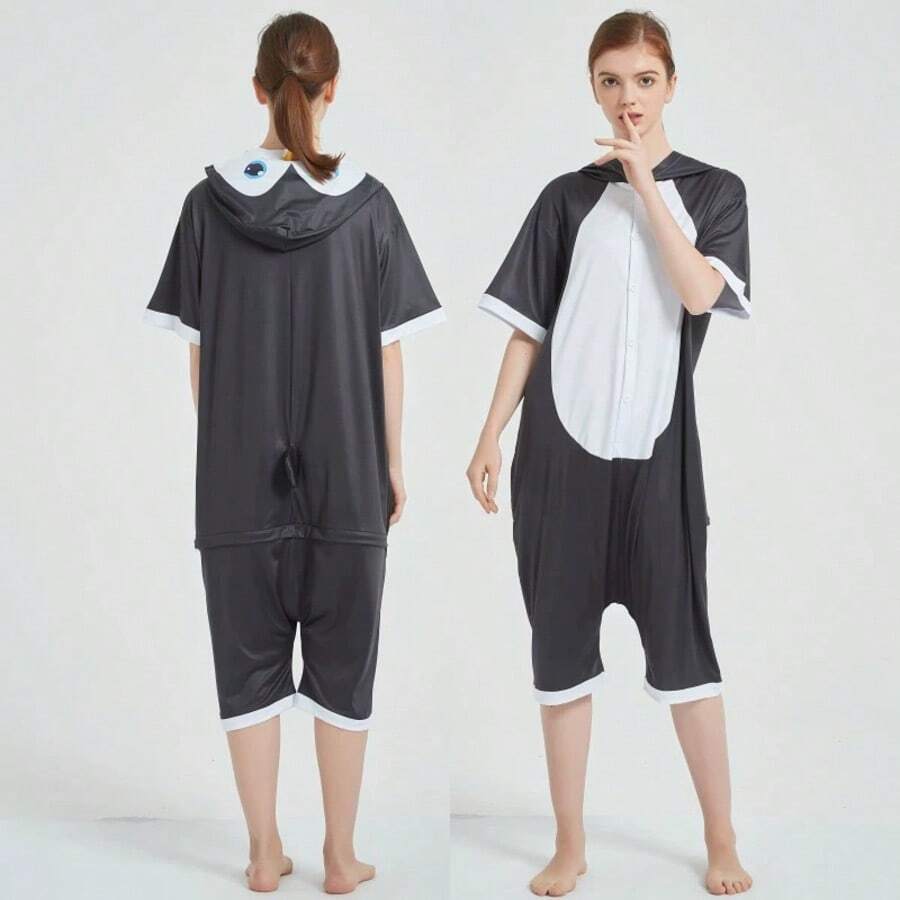 Pijamas de animales para niños y niñas, ropa de casa para niños y niñas, pijamas de verano de una pieza de manga corta con elementos de animales para niños. - Blanco y negro (pingüino) - Ver 1