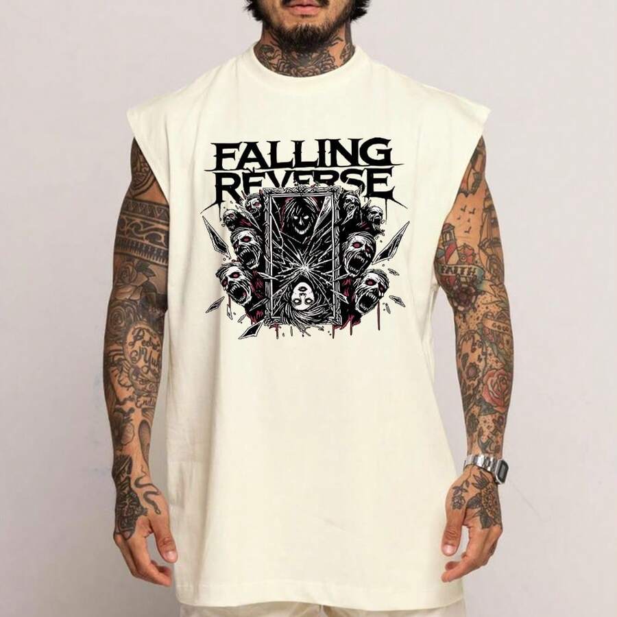 Falling Reverse Rock Dark Art Oversized Cotton Long Sleeve Tank Top - Beige - View 1