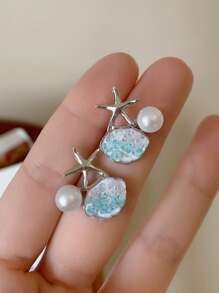 Pendientes con estrella de mar degradada, perlas y gemas, adecuados para uso diario y vacaciones de verano, gran regalo para amigos