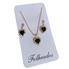 Set Of Chain With Pendant + Gold Plated Earring Heart Stones Studs Latest Release - 黑色 - 查看 1
