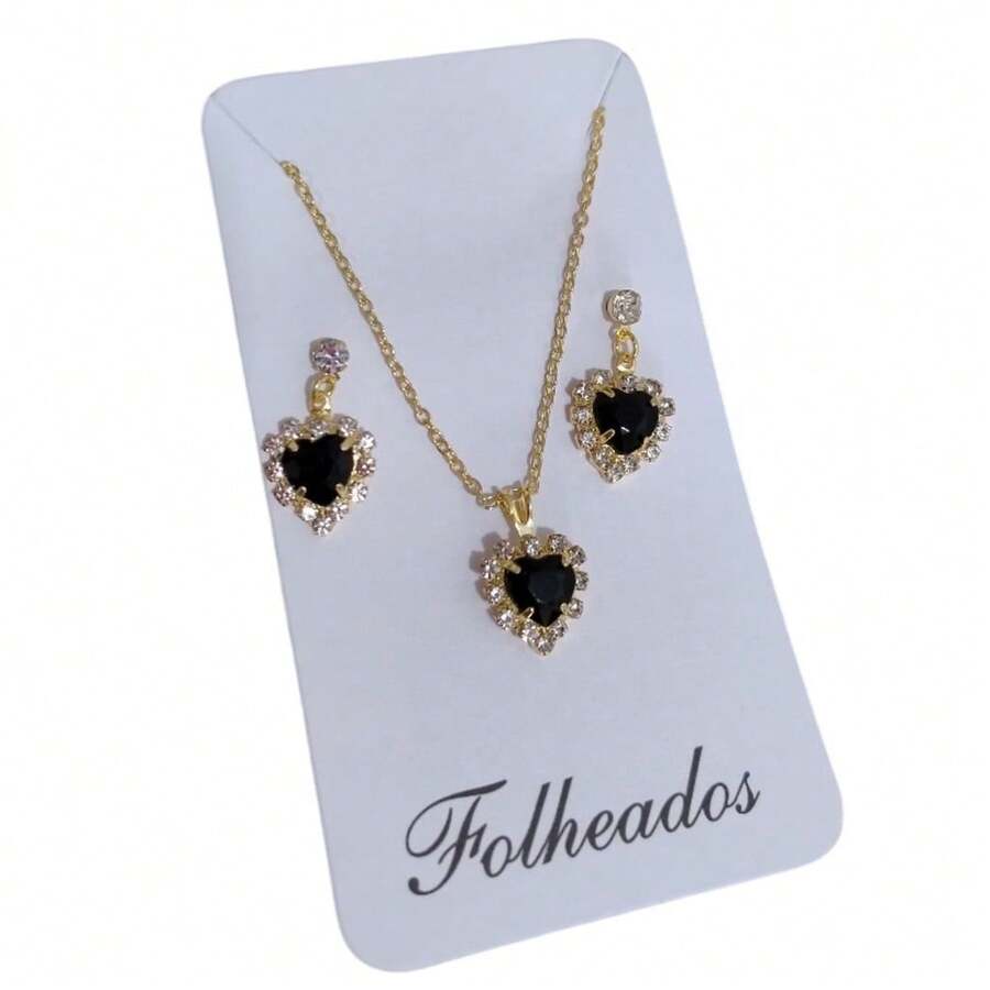 Set Of Chain With Pendant + Gold Plated Earring Heart Stones Studs Latest Release - 黑色 - 查看 1