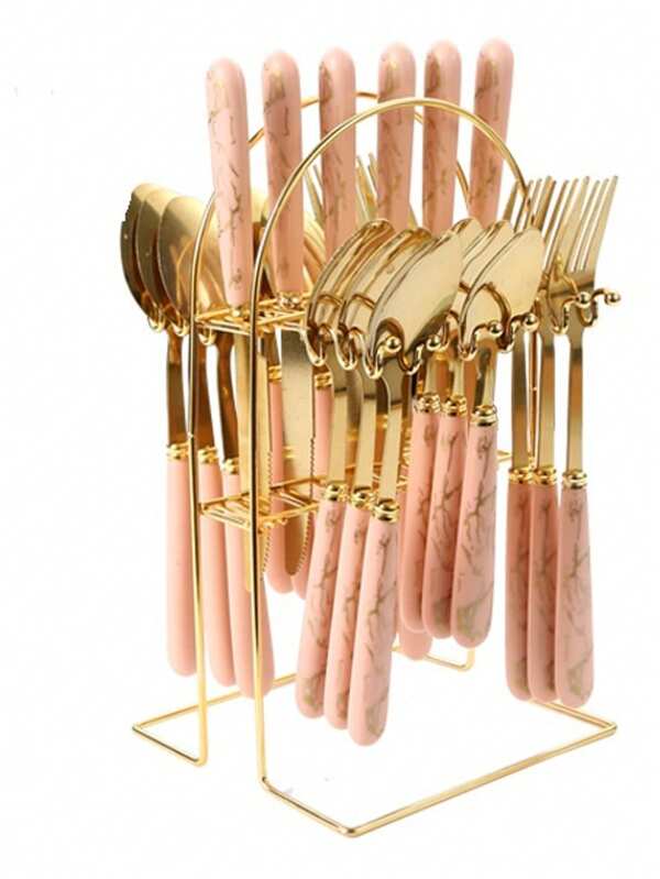 Juego de cubiertos de acero inoxidable de 24 piezas con soporte para cubiertos, estilo vintage, tenedor, cuchillo, cuchara, pulido espejo, adecuado para el hogar, la cocina, el restaurante y la cena.