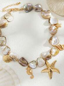 1 Peça Colar de Estilo Boêmio com Pingentes Metálicos de Estrela-do-mar, Tartaruga Marinha, Concha, Cavalo-marinho, Colar Gargantilha com Contas de Concha Natural Irregular, Adequado para Uso Diário de Mulheres, Presente de Feriado, Decoração de Festa na Praia, Joia Encantadora