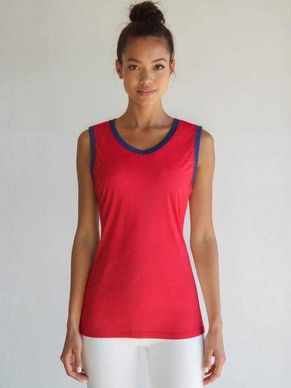 1 pezzo Top da fitness da donna, base rossa con dettagli blu navy, maglia aderente per pilates, jogging, uso estivo