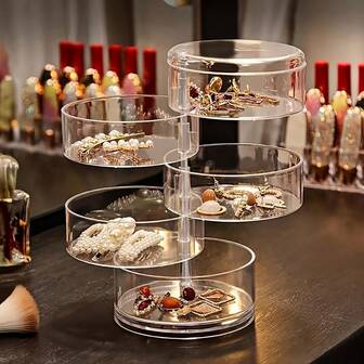 1pc 3/4/5-Tier Acrylic Jewelry Organizer Box With 360° Rotating Compartments, Transparent Dustproof Lid - Multi-Use Desktop Storage For Earrings, Bracelets, Necklaces, Makeup & Accessories - Perfect Gift For Women, Mom For Women Storage Organizer Travel Essentials Gift Back To School