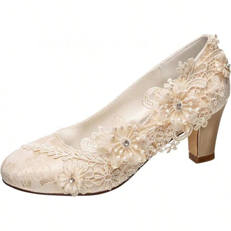 Emily Bridal Wedding Shoes Women's Silk Like Satin Chunky Heel Pumps With Stitching Lace Flower Crystal PearlChristmas - 香檳色 - 查看 1