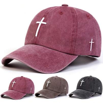 1pc Women's Cross Embroidered Washed Adjustable Baseball Cap, Outdoor Sun Protection Casual Hat Suitable For Spring, Autumn, Travel, Beach, Party