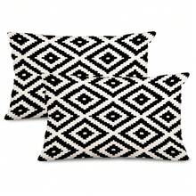 2 件黑白复古几何图案枕套，沙发抱枕家居装饰枕套（方形图案），单面印花，无枕芯（16 英寸 X 16 英寸、18 英寸 X 18 英寸、20 英寸 X 20 英寸、12 英寸 X 20 英寸） - 黑與白 - 查看 4