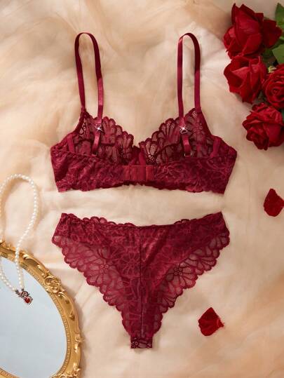 Women Verleidelijke Lingerie Set, Bordeaux Kanten Bloemen BH Set Adjustable Straps, Bra, view 2