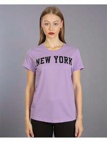 Dama mujer joven juvenil moda chopis playera cuello redondo manga corta gym suave primavera verano jardín casual viaje diseño New York - Lila Púrpura - Ver 2