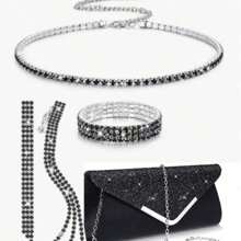 4 Pieces Women Rhinestone Jewelry Set Bling Necklace Earrings Bracelets Set For Wedding Clutch Purses Bag For Women Evening Bag Bling Glitter Elegant V-Shaped Flap Envelope Clutch Bag Wedding Party Bridal Purse