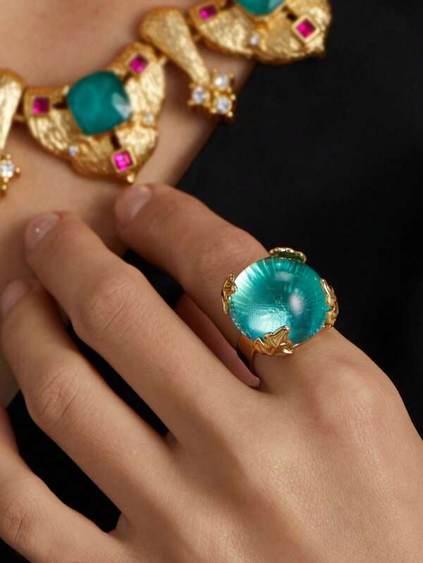 1 peça anel de cristal de vidro com pétalas de flores vintage banhado a ouro 18K transparente azul gelo e vermelho em formato de olho, joia da moda feminina