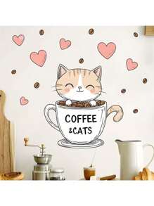 1 pieza Pegatina decorativa de pared con fondo de gato de taza de té de dibujos animados, adecuada para decoración de dormitorio, baño, habitación, hogar, cocina, restaurante, regalo de cumpleaños, graduación, vacaciones