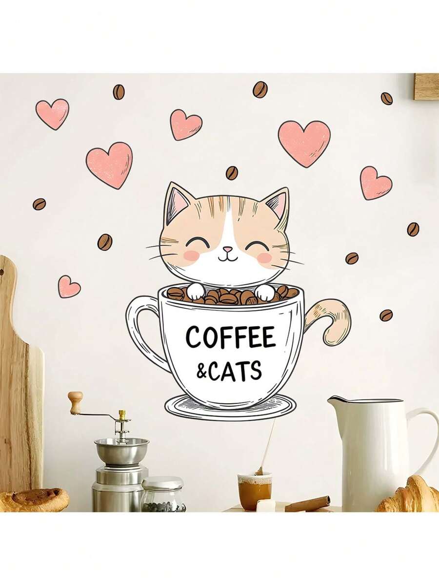 1 pieza Pegatina decorativa de pared con fondo de gato de taza de té de dibujos animados, adecuada para decoración de dormitorio, baño, habitación, hogar, cocina, restaurante, regalo de cumpleaños, graduación, vacaciones