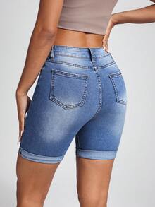 Jeanoix High Waist Slant Pocket Roll Up Hem Denim Shorts - Medium Wash - View 2
