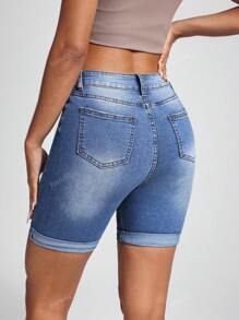 Jeanoix High Waist Slant Pocket Roll Up Hem Denim Shorts