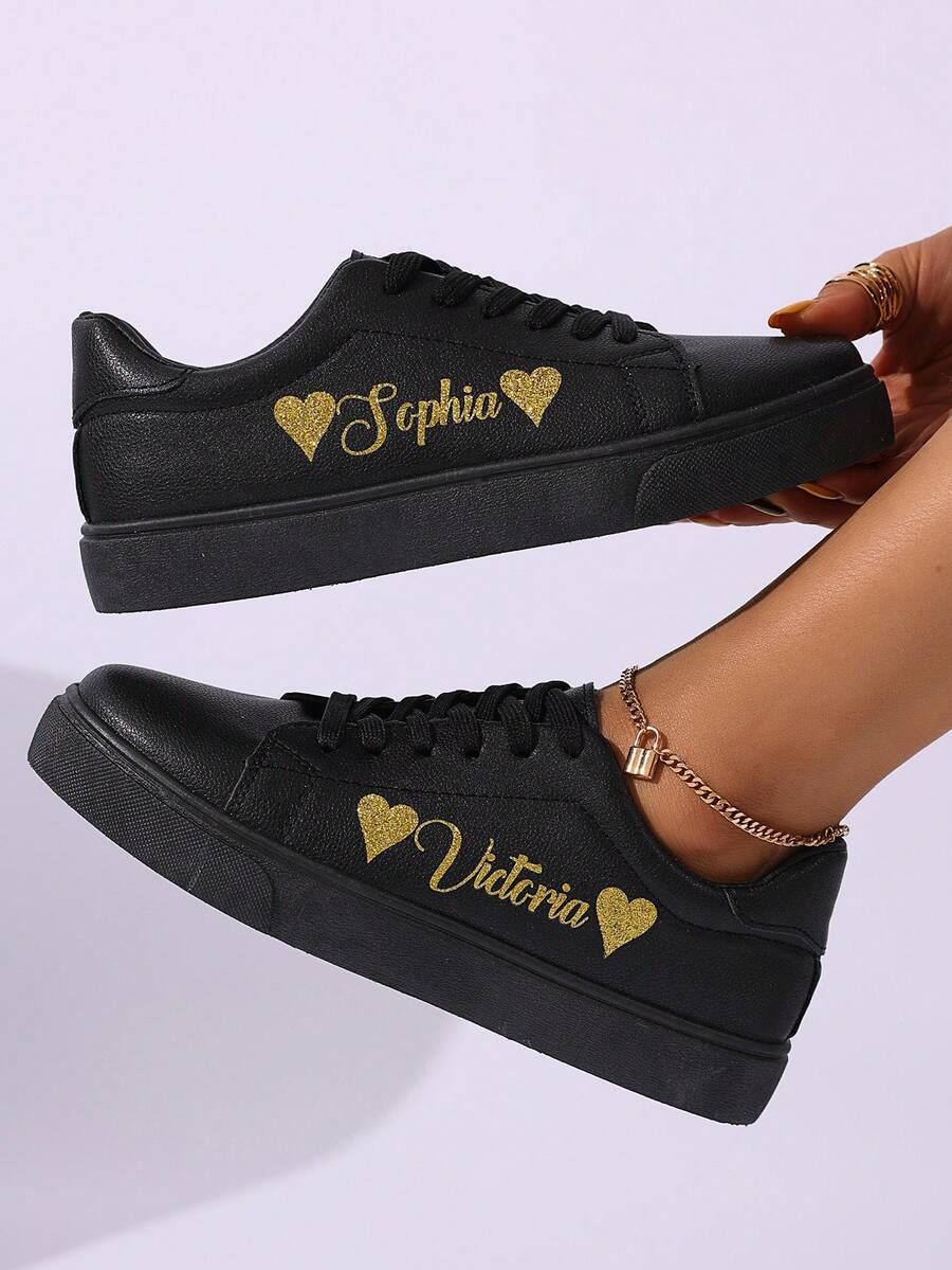 Personalized Heart Design Sneakers, Customizable Glitter Text Name, Birthday, Anniversary, Classmate, Family, Bridesmaid, Bride Gift, Holiday, Couple Casual Shoes - Black - View 1