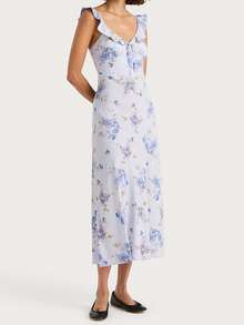Women's Summer Midi Cami Dress Sleeveless Ruffle Trim V Neck Flower Print Beach Dress - Light Blue - View 5
