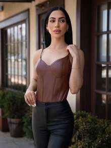 Carolina Barros Solid PU Leather Casual Fashion Cami Bodysuit - Coffee Brown - View 6