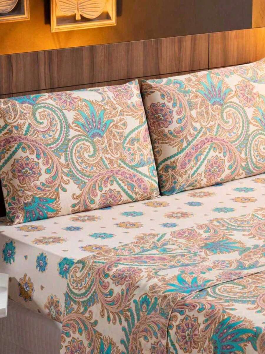 3 Piece King/Queen/Double/Single Bed Set Bouti Fitted Sheet With Elastic All Around And Pillowcases - 花藍色 - 查看 1