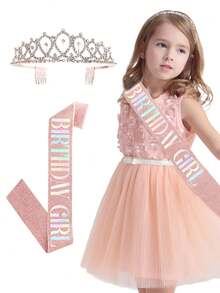 2pcs/Set Girls Birthday Party Tiara Headband & Rhinestone Crown Strap Shoulder Strap Set, Rose Gold - Multicolor - View 12
