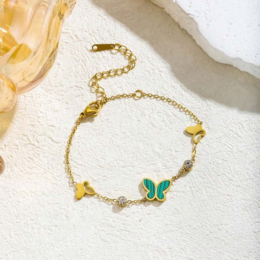 New Best-Selling Hollow Fritillary Butterfly Bracelet, 18K Titanium Steel, Three-Dimensional Hollow Diamond, Fashionable Fashion, 17+5CM - màu xanh lá - Xem 1