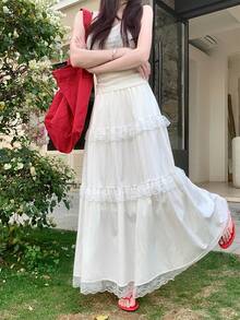 Cute Retro Sweet Lace Patchwork White Multi-Layered Cake Skirt, Flared A-Line Silhouette, Flattering For Women In Summer - White - View 8