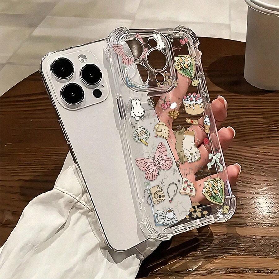 Cute Mobile Phone Case, Decorated With Bunny And Butterfly Design, Suitable For IPhone 16, 15, 14, 13, 12 And 11 Pro Models, Made Of TPU Material, And Provides Shockproof Protection. Perfect For Family, Friends, Children, Birthdays, Spring, Holidays, Boyfriends, Girlfriends, And Valentine's Day Gifts. - 無色 - 查看 1