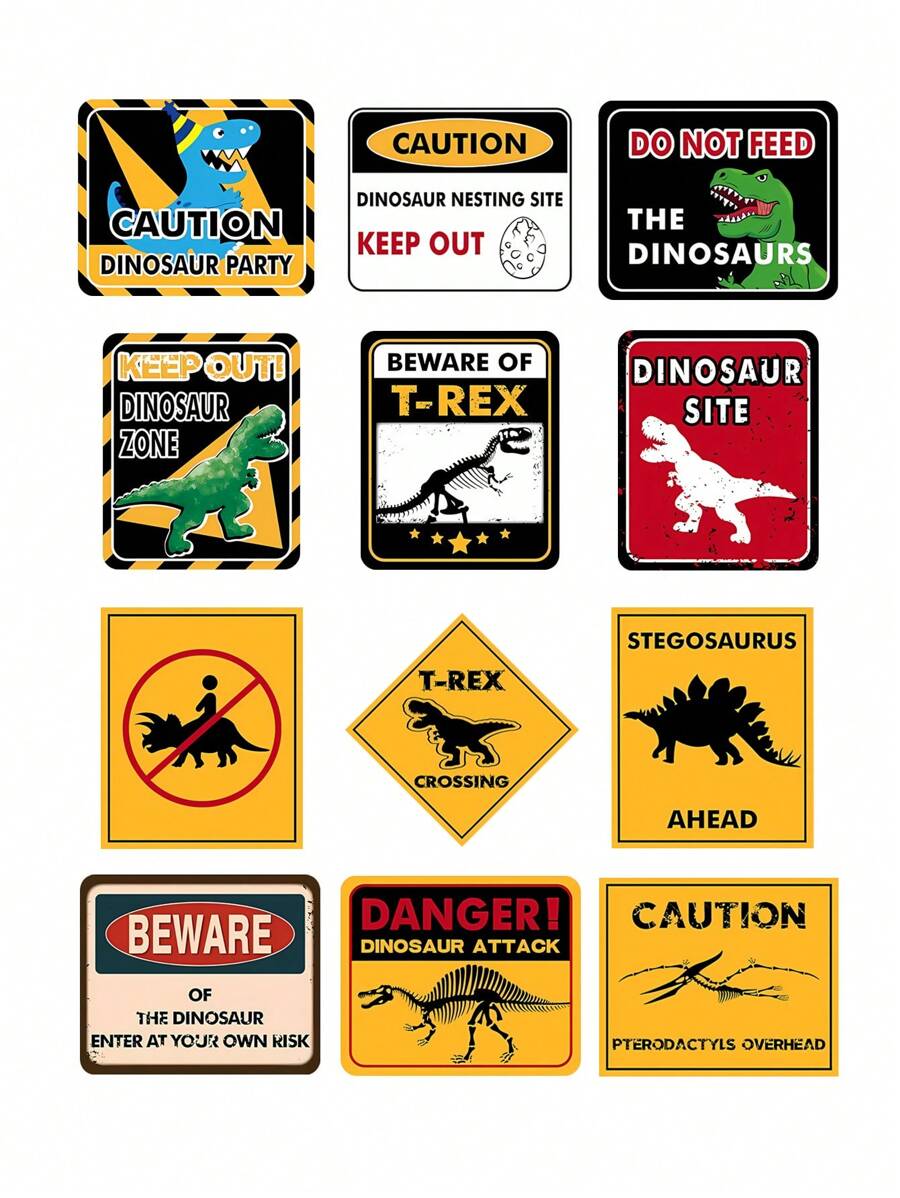 12Pcs Dinosaur Wall Signs,Dinosaur Party Funny Warning Tags,Dinosaur Theme Birthday Party Decor,Wedding Supplies,Bridal Shower Favors,Babyshower Decor,Gender Reveal Party Supplies,Jurassic Decorations,Holiday Party Favors,Party Background Decoration,Photo Booth Props