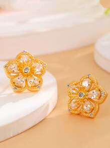 1pair 2025 New Design Copper 18k Gold Plated Zirconia Stone Hollowed-Out Flower Earrings Studs, Creative Jewelry Gift For Women, Wedding, Christmas, Valentine's Day