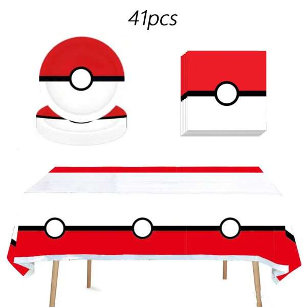 pokemon Pokemon Party Zubehör, enthält Teller, Servietten, Tischdecke für Pokemon Party Dekoration, Pokemon Geburtstags Party Dekoration, Pokemon Geschirr, Pokeball Geschirr