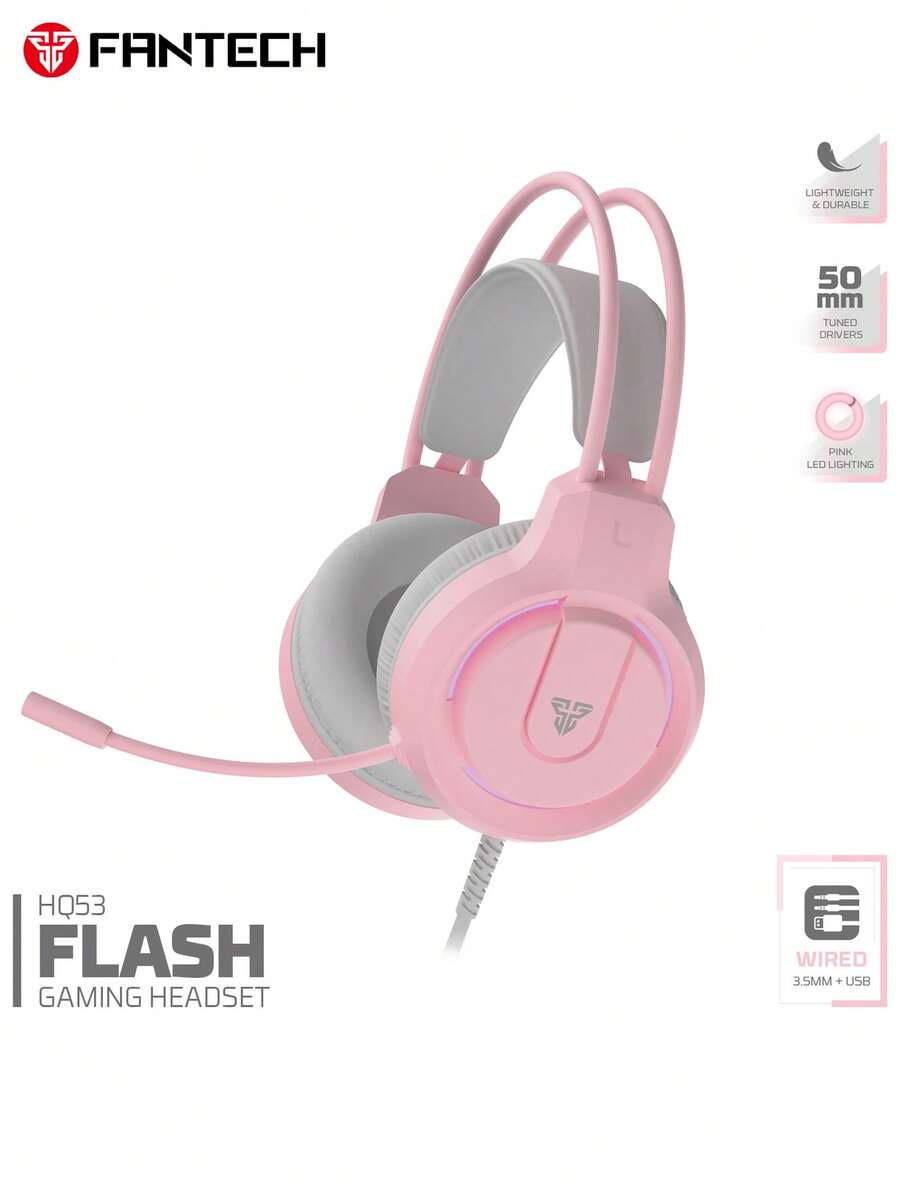 FANTECH Wired Computer Laptop Headset, Gaming Headphone, Classroom Headset, Dual Plug(USB A+3.5mm), Noise-Proof Over Ear Headphones With Mic, LED Light, Black/White/Pink - HQ53-multicolor - View 1