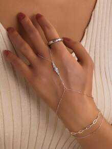 1 pièce Bracelet chaîne de doigt en argent sterling 925 de couleur or avec strass, bijoux hypoallergéniques à faible teneur en alliage, bracelet anneau brillant convenant aux femmes pour les fêtes et le quotidien