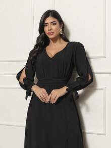 FASHION MIX PREMIUM Elegant Long Dress With Slit Long Sleeves With Tie With V-Neckline And Waist Adjustment Plus Size Women's Fits 38 To 44 - 黑色 - 查看 7