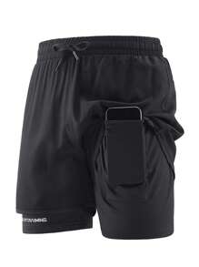 Men's Letter Print Double-Layer Sports Shorts, Outdoor Running