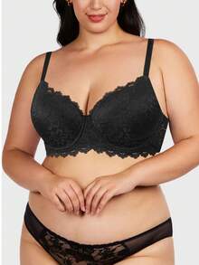 MIMILEMON Plus Size Women's Black Lace Seamless Full Coverage Underwire Bra With Wide Straps, Shaping, Daily Wear - Black - View 3