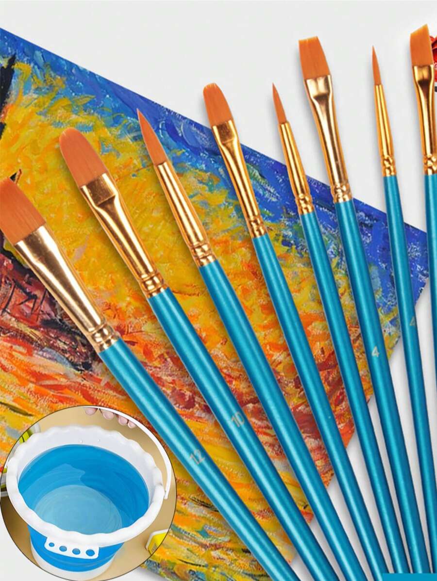 10er-Set Nylon-Acrylpinsel mit Aquarell-, Gouache-, Acryl- und Liner-Pinseln; inklusive faltbarem blauem Eimer-förmigem Trageset mit Fächern zum Waschen, Schulstart, Schulbedarf