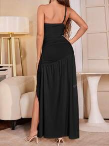 WOWDARK Women's Solid Color Oblique Shoulder Ruched Slit A-Line Dress, Autumn